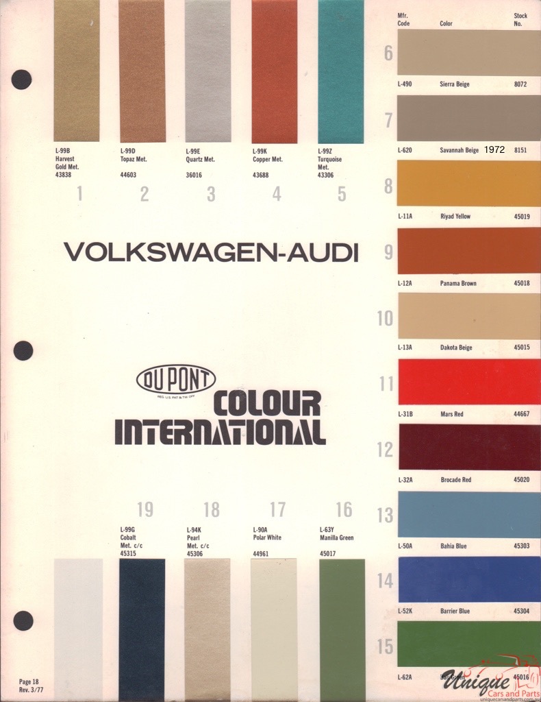1972 Audi International Paint Charts DuPont 6